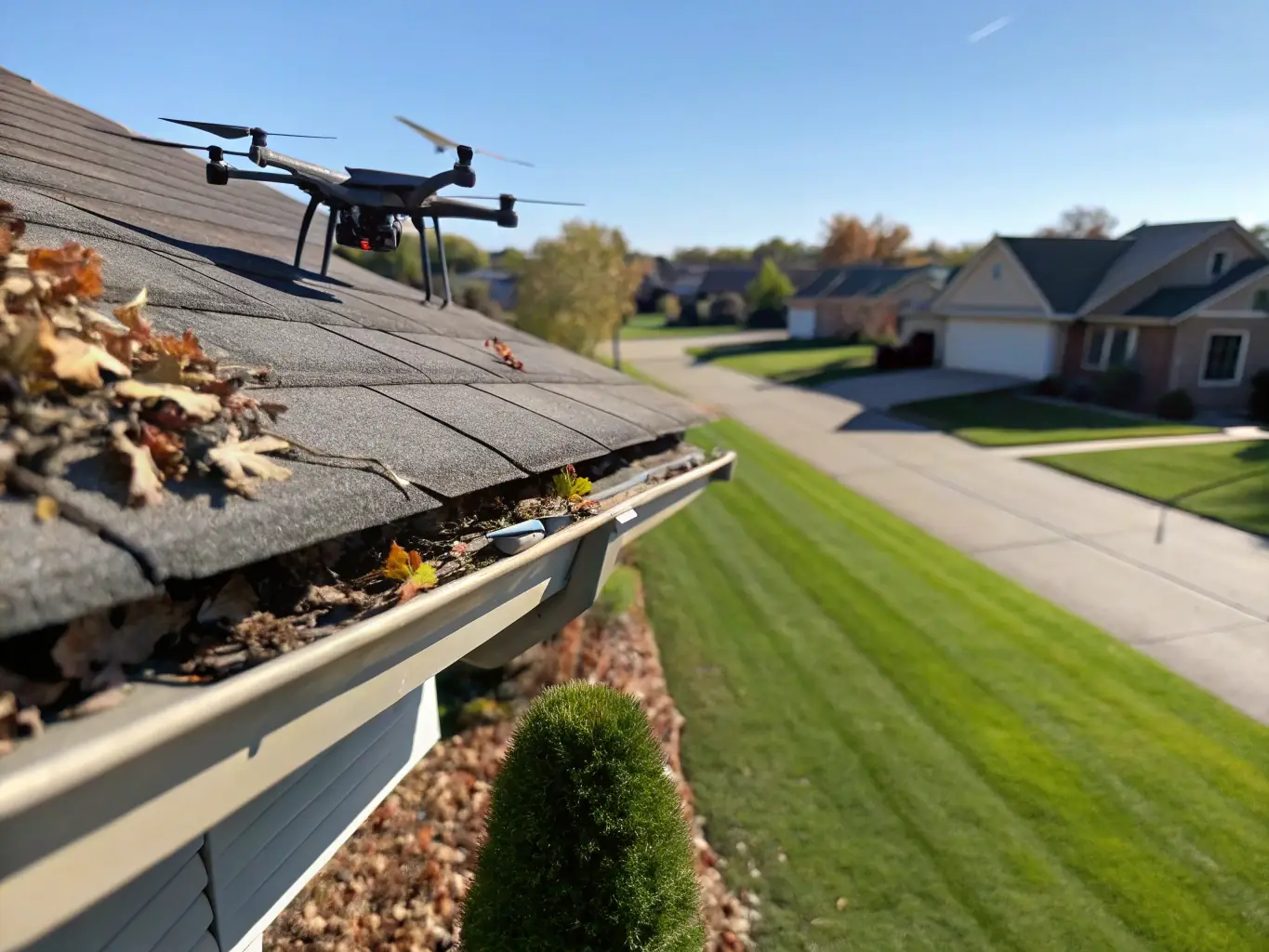 A drone inspecting a roof, showcasing Chris Maggs Roofing Services' use of technology for efficient and accurate assessments.